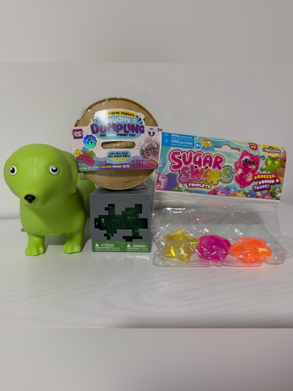 Squishy Toy Lot | RMS Party Confetti Dumpling, Sugar Swap, Minecraft cube, Dog